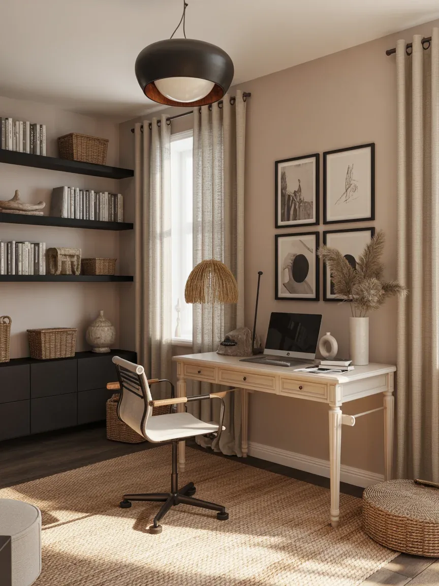 21. Feminine Boho Office With Black Contrast Accents 21. Feminine Boho Office With Black Contrast Accents