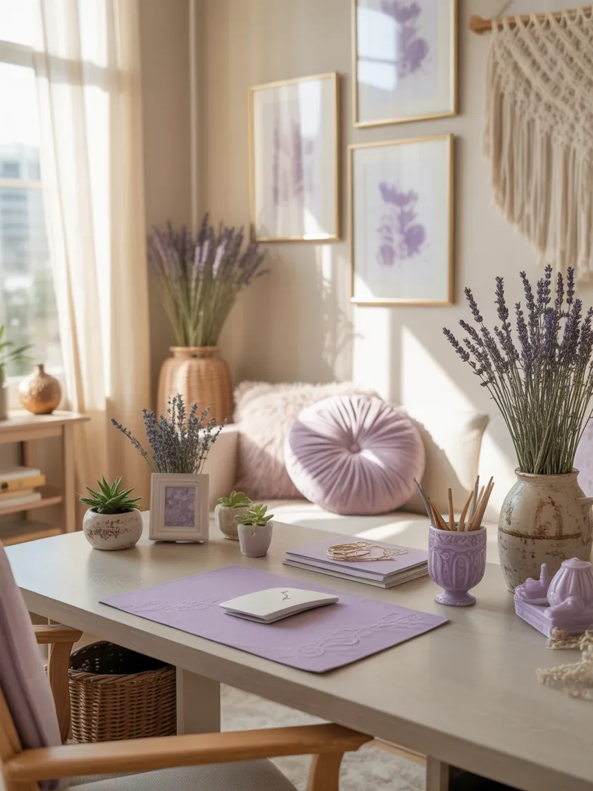 11. Feminine Boho Office With Lavender Accents 11. Feminine Boho Office With Lavender Accents