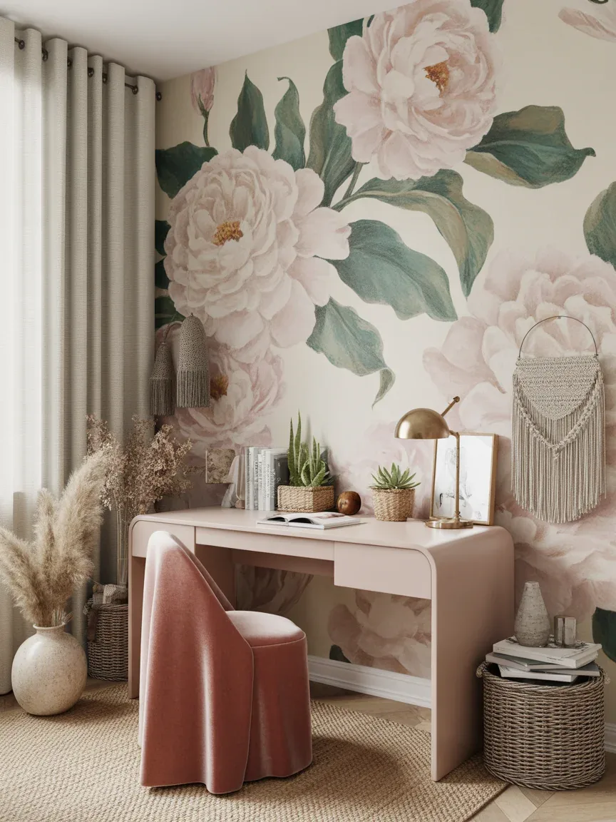 16. Feminine Boho Office With Statement Wallpaper 16. Feminine Boho Office With Statement Wallpaper