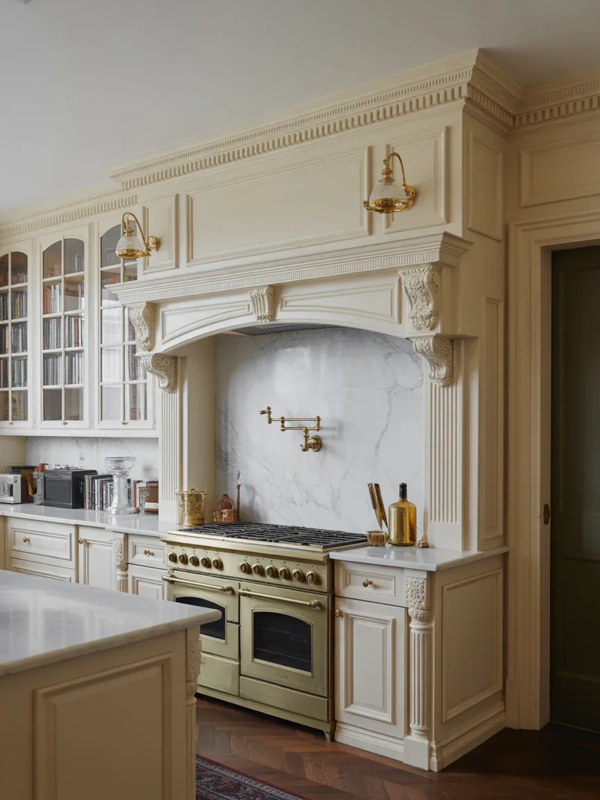 11. Formal Colonial Kitchen With Marble Backsplash 11. Formal Colonial Kitchen With Marble Backsplash
