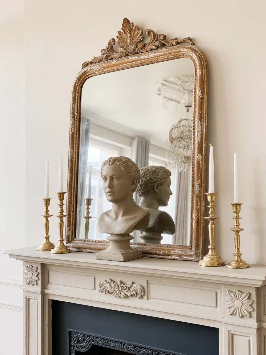 11. French Farmhouse Mantel With Elegant Distressed Finishes 11. French Farmhouse Mantel With Elegant Distressed Finishes
