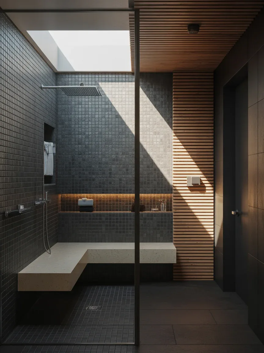 17. Gallery-Like Bathroom With Floating Stone Bench 17. Gallery-Like Bathroom With Floating Stone Bench