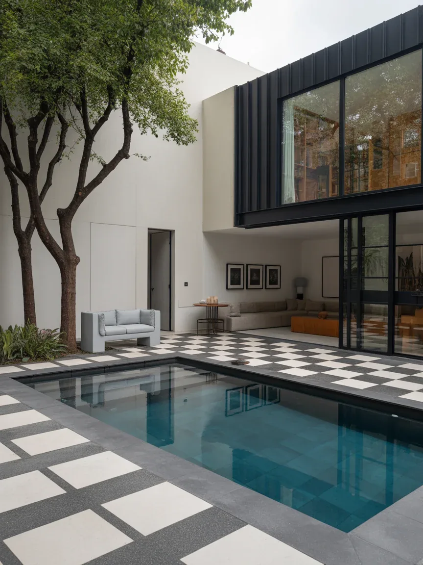 17. Geometric Courtyard Pool With Checkerboard Hardscaping 17. Geometric Courtyard Pool With Checkerboard Hardscaping