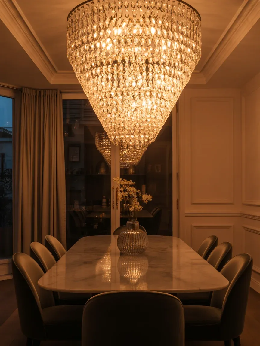 2. Glam Dining Room With Crystal Cascade Chandelier 2. Glam Dining Room With Crystal Cascade Chandelier