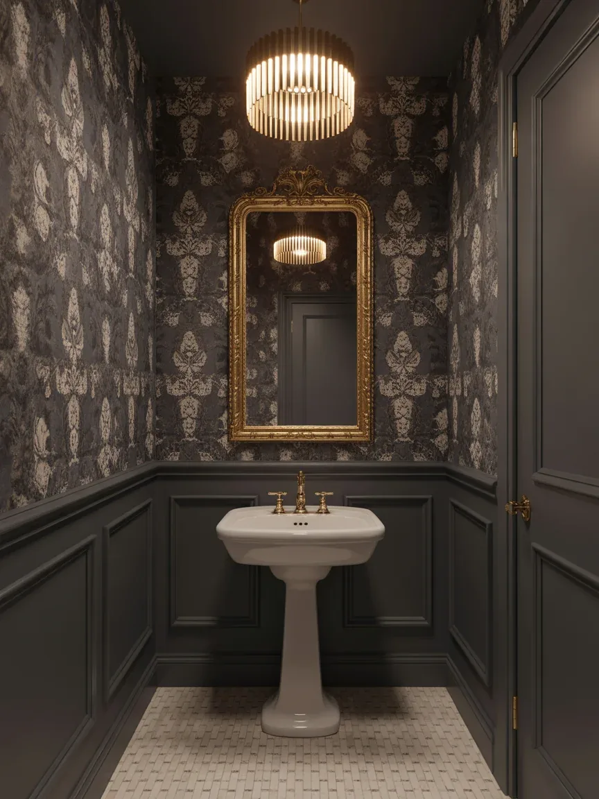 13. Glamorous Powder Room With Bold Wallpaper 13. Glamorous Powder Room With Bold Wallpaper