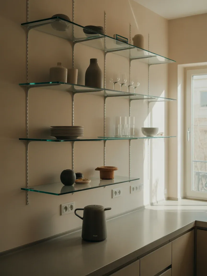 16. Glass Floating Shelves for a Light, Airy Feel 16. Glass Floating Shelves for a Light, Airy Feel