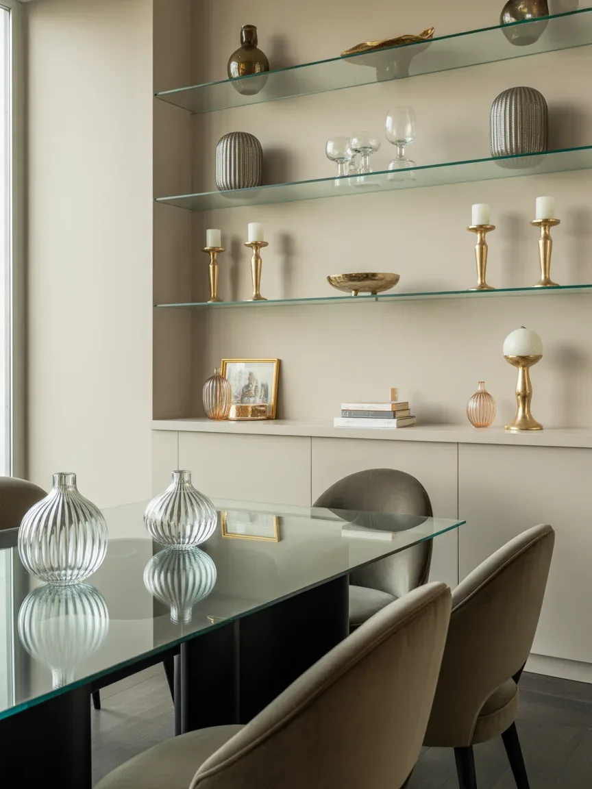 9. Glass Floating Shelves for Glam Dining Rooms 9. Glass Floating Shelves for Glam Dining Rooms