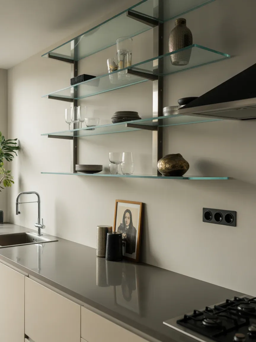 19. Glass Floating Shelves in a Contemporary Kitchen 19. Glass Floating Shelves in a Contemporary Kitchen