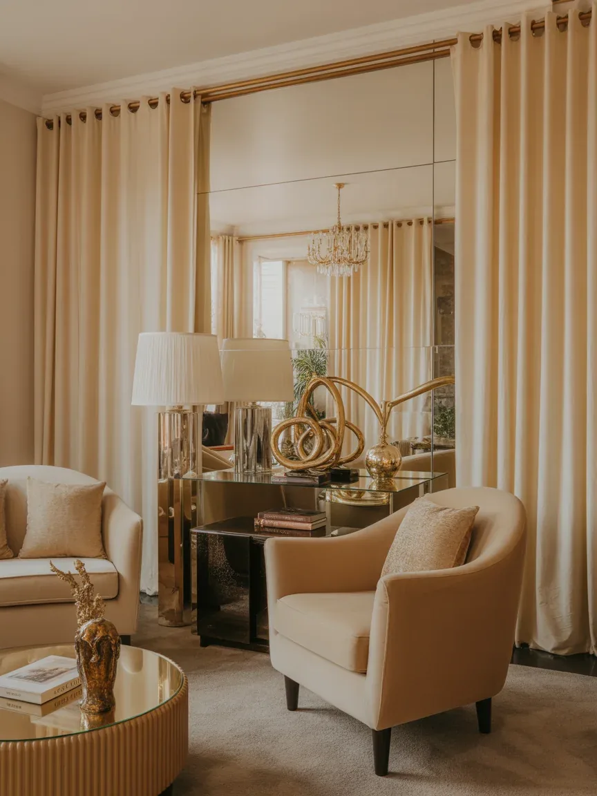 18. Gold Accents With Cream Curtains 18. Gold Accents With Cream Curtains