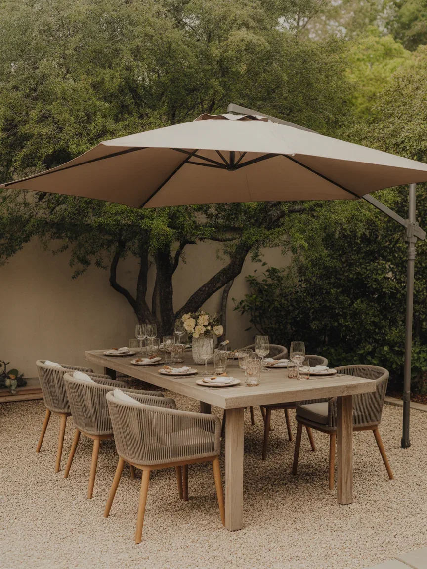 12. Gravel Dining Patio With Oversized Umbrella 12. Gravel Dining Patio With Oversized Umbrella