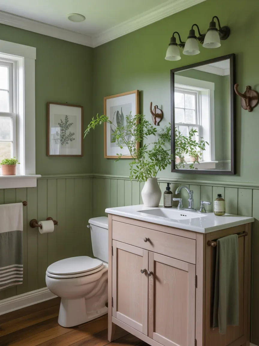 16. Green Farmhouse Bathroom With Botanical Charm 16. Green Farmhouse Bathroom With Botanical Charm