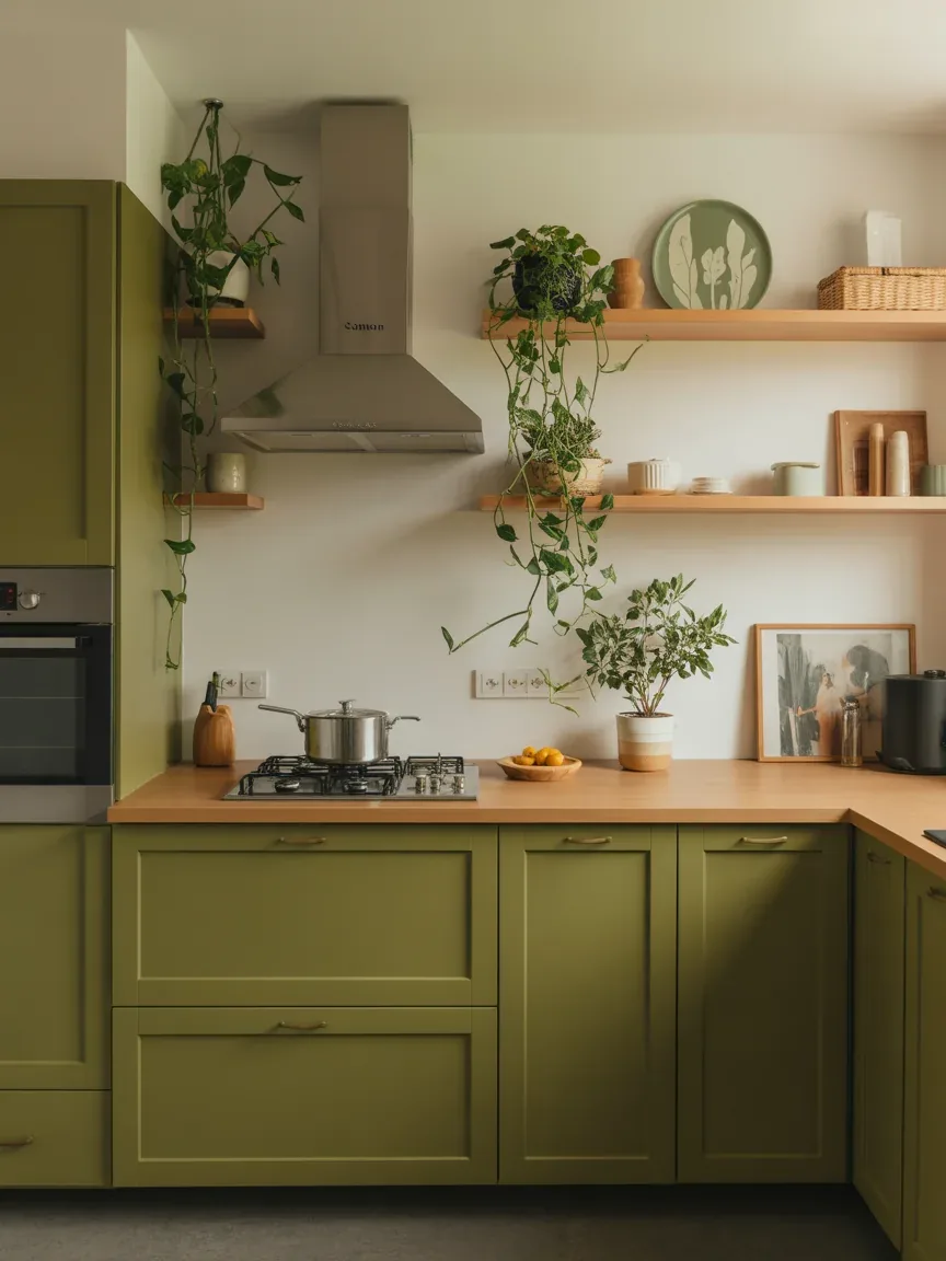 21. Green Kitchen With Natural Wood Floating Shelves 21. Green Kitchen With Natural Wood Floating Shelves