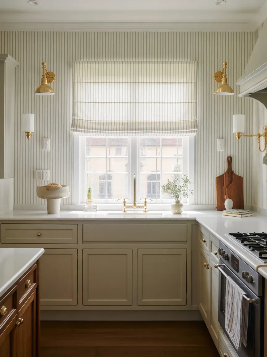 11. Greige Stripe Elegant Farmhouse Kitchen 11. Greige Stripe Elegant Farmhouse Kitchen