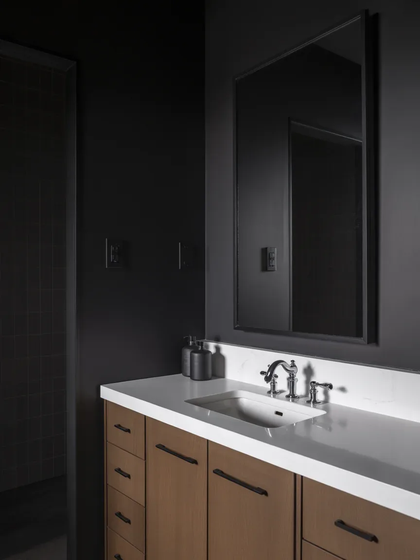 18. High-Contrast Bathroom With White Stone Against Black Walls 18. High-Contrast Bathroom With White Stone Against Black Walls