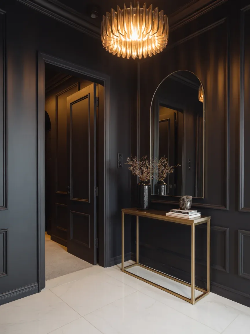 8. High-Contrast Black and Gold Entryway 8. High-Contrast Black and Gold Entryway