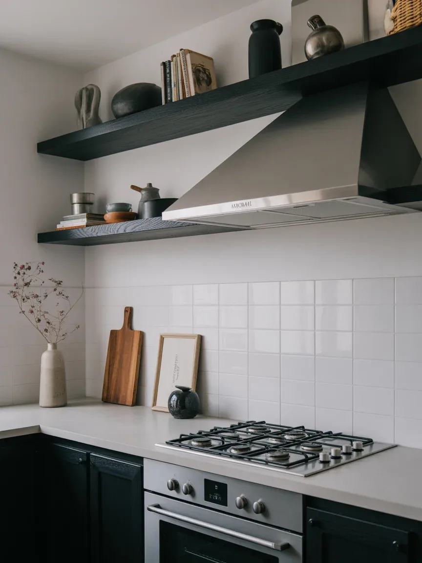 14. High-Contrast Kitchen With Dark Shelves on Light Walls 14. High-Contrast Kitchen With Dark Shelves on Light Walls