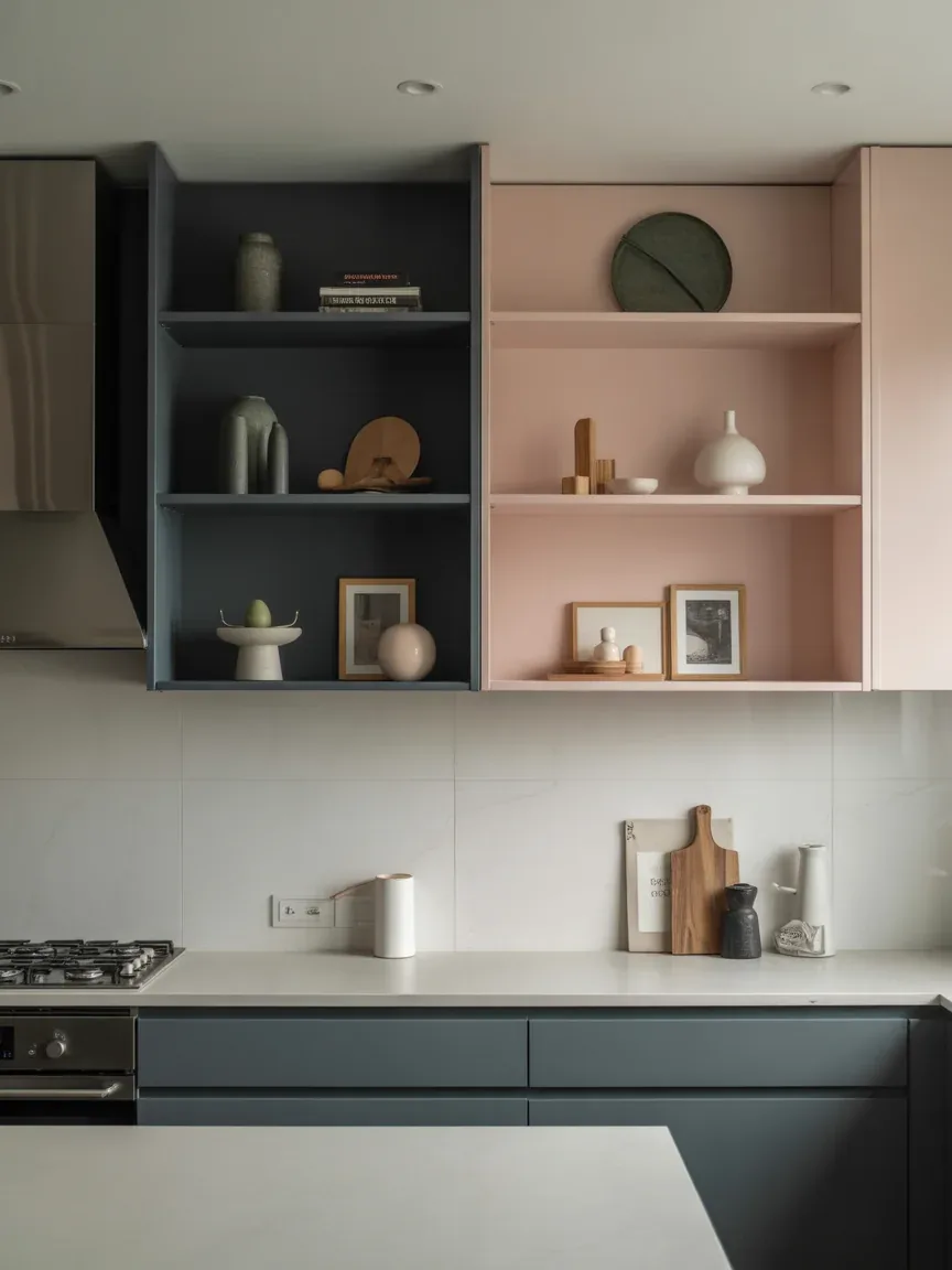 12. High-Contrast Kitchen With Two-Tone Shelves 12. High-Contrast Kitchen With Two-Tone Shelves