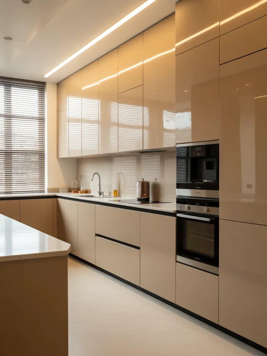 7. High-Gloss Beige Kitchen With Sleek Surfaces 7. High-Gloss Beige Kitchen With Sleek Surfaces