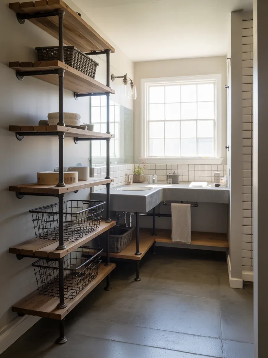 13. Industrial Farmhouse With Pipe Shelving 13. Industrial Farmhouse With Pipe Shelving