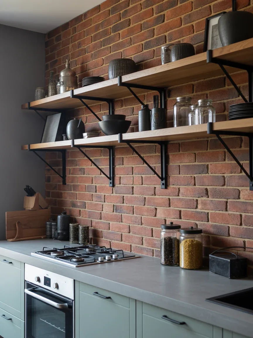 5. Industrial Kitchen With Metal-Bracket Floating Shelves 5. Industrial Kitchen With Metal-Bracket Floating Shelves