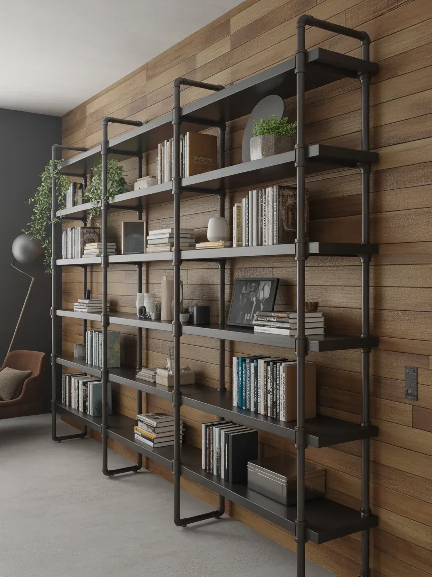 4. Industrial Pipe Bookshelf Feature Wall 4. Industrial Pipe Bookshelf Feature Wall