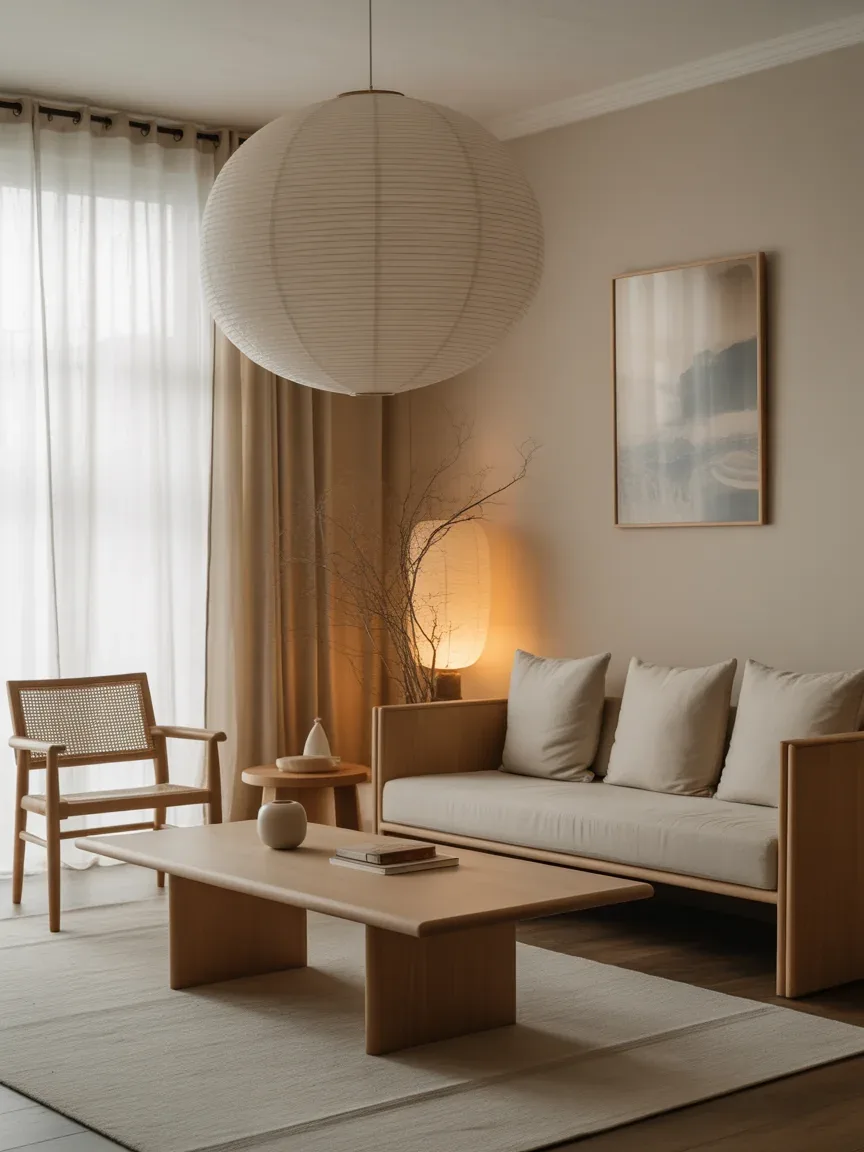 14. Japandi Living Room With Paper Lantern Chandelier 14. Japandi Living Room With Paper Lantern Chandelier