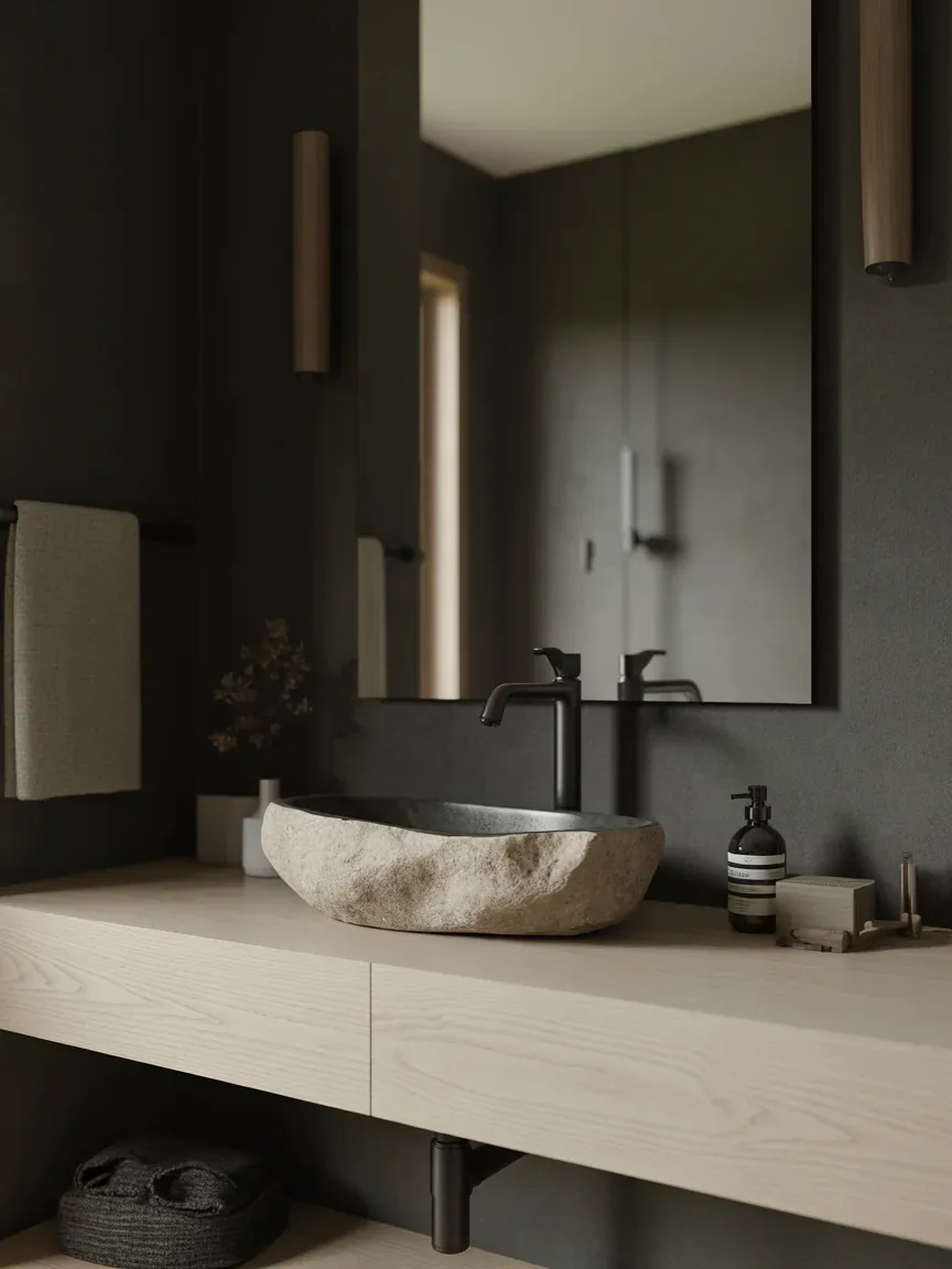 6. Japandi-Inspired Dark Serenity Bathroom 6. Japandi-Inspired Dark Serenity Bathroom