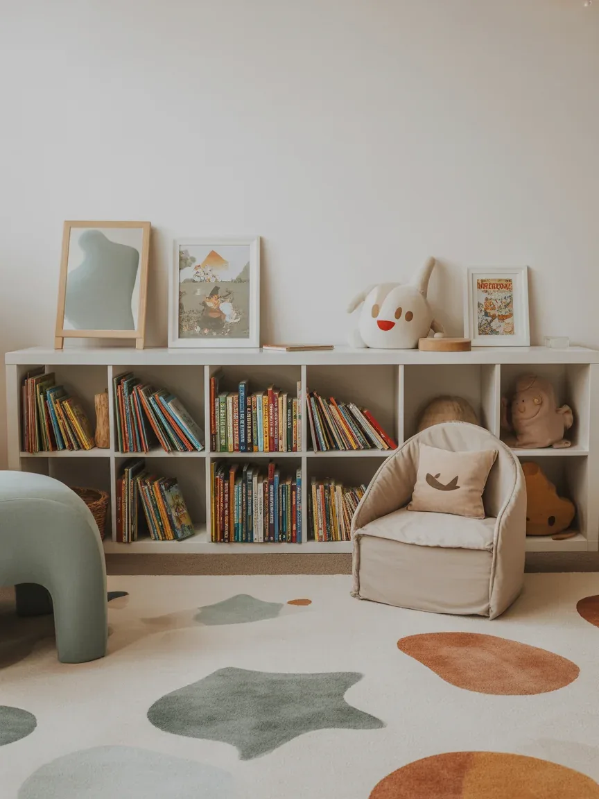 14. Kids’ Playroom Book Nook With Low Shelves 14. Kids’ Playroom Book Nook With Low Shelves