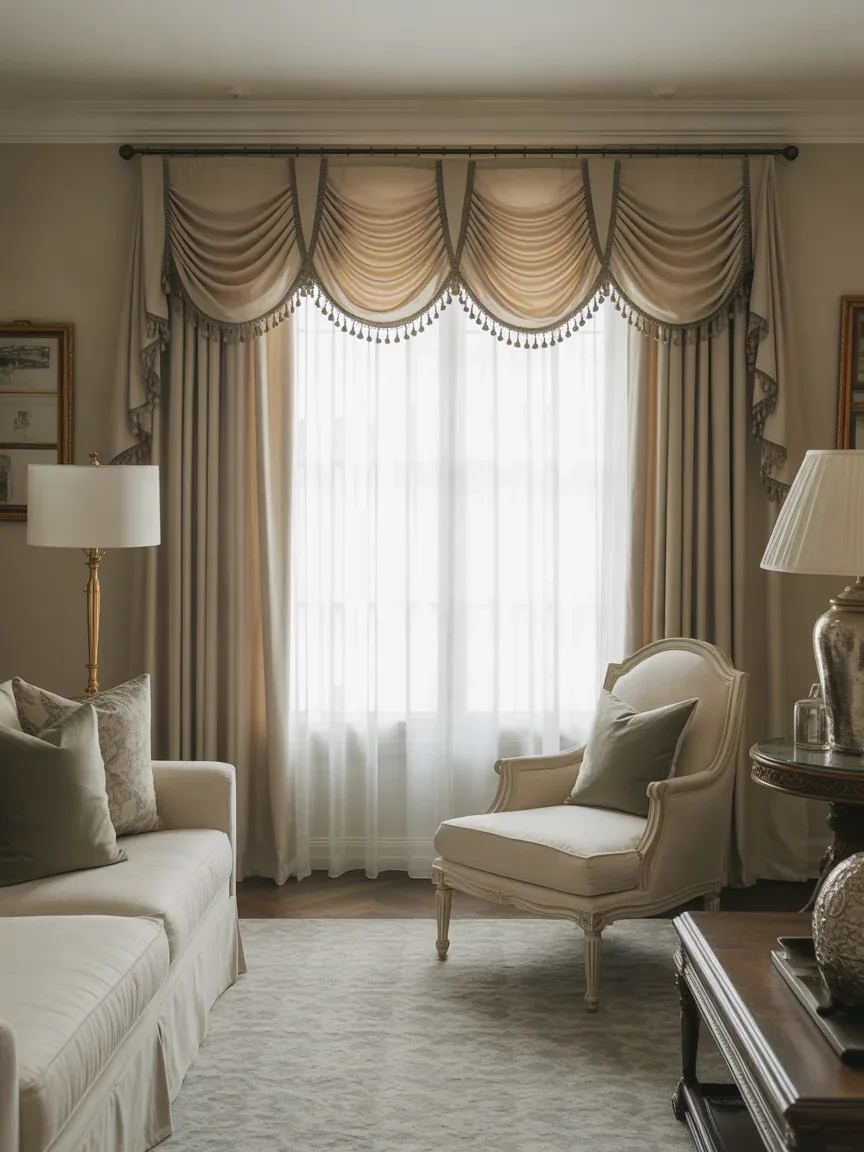 17. Layered Curtains With Valance Detail 17. Layered Curtains With Valance Detail