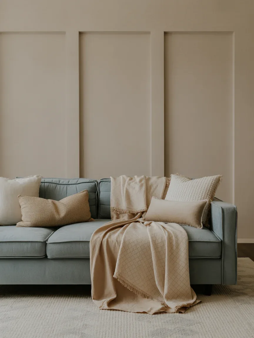 24. Layered Neutral Room With Subtle Blue Accent Couch 24. Layered Neutral Room With Subtle Blue Accent Couch