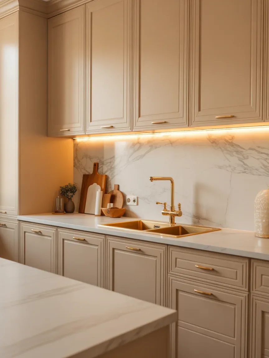 3. Luxe Beige Kitchen With Gold Hardware Accents 3. Luxe Beige Kitchen With Gold Hardware Accents