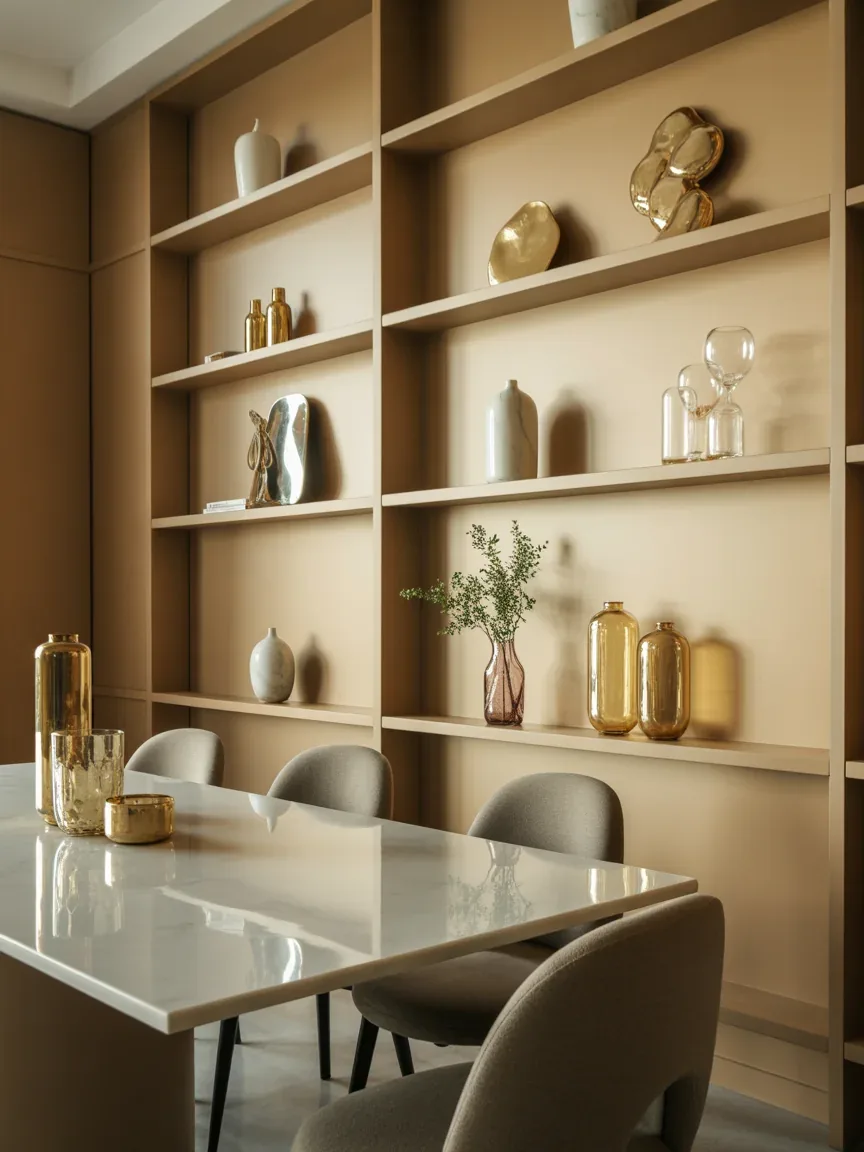 14. Luxe Glam Shelf Styling With Glass And Gold 14. Luxe Glam Shelf Styling With Glass And Gold