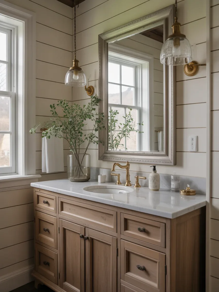 13. Luxury Farmhouse Bathroom With Marble Touches 13. Luxury Farmhouse Bathroom With Marble Touches
