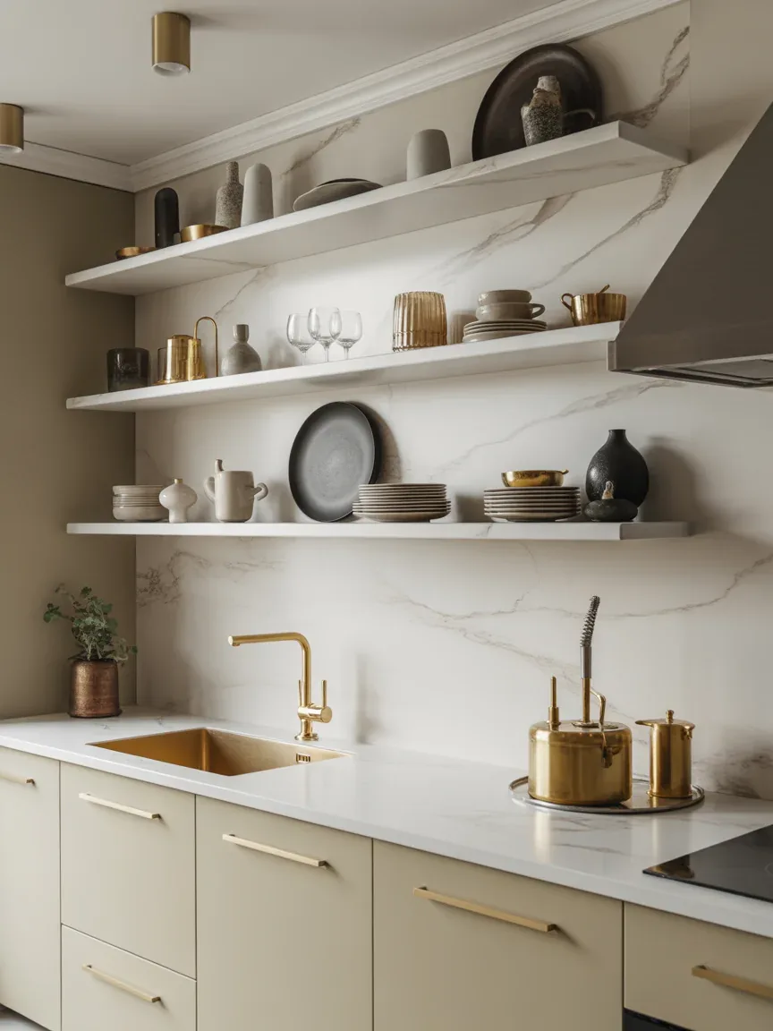 9. Luxury Marble Kitchen With Floating Display Shelves 9. Luxury Marble Kitchen With Floating Display Shelves