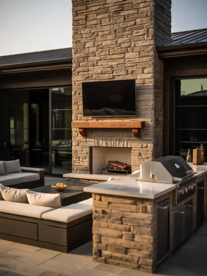 21. Luxury Outdoor Kitchen With Fireplace Wall 21. Luxury Outdoor Kitchen With Fireplace Wall