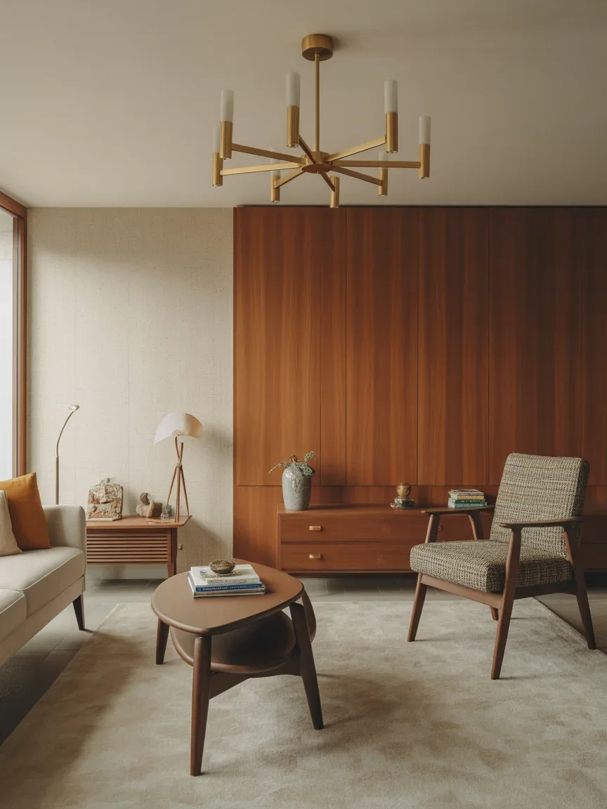 21. Mid-Century Living Room With Brass Chandelier 21. Mid-Century Living Room With Brass Chandelier