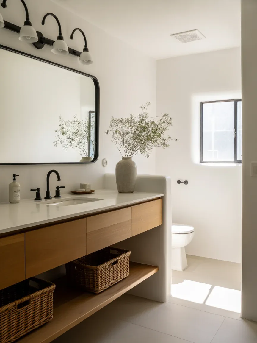 6. Minimal Farmhouse With Floating Vanity 6. Minimal Farmhouse With Floating Vanity