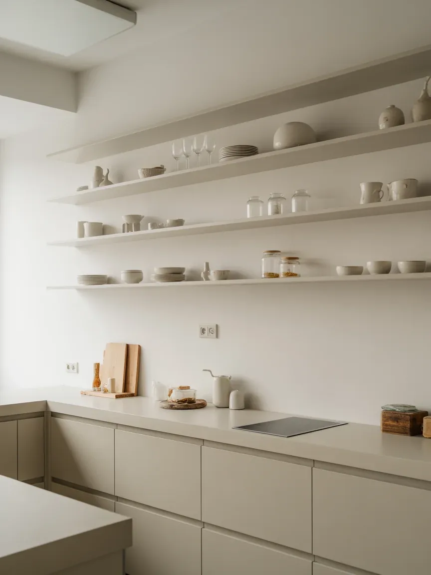 1. Minimalist White Kitchen With Barely-There Shelves 1. Minimalist White Kitchen With Barely-There Shelves