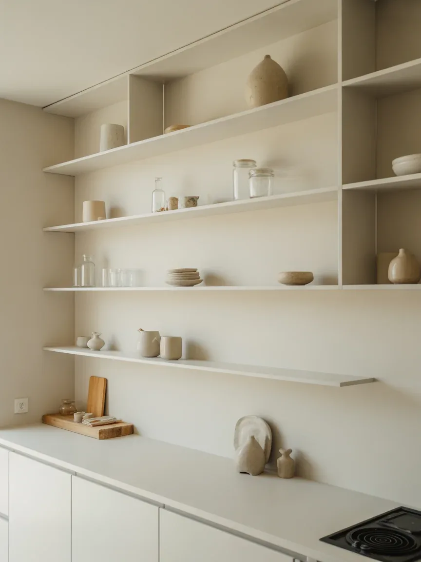 1. Minimalist White Kitchen With Seamless Floating Shelves 1. Minimalist White Kitchen With Seamless Floating Shelves