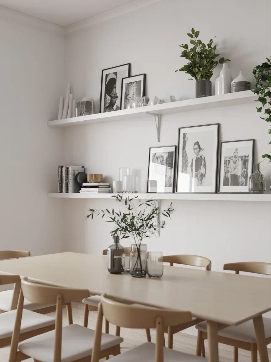 5. Minimalist White Shelves in a Scandinavian Dining Space 5. Minimalist White Shelves in a Scandinavian Dining Space