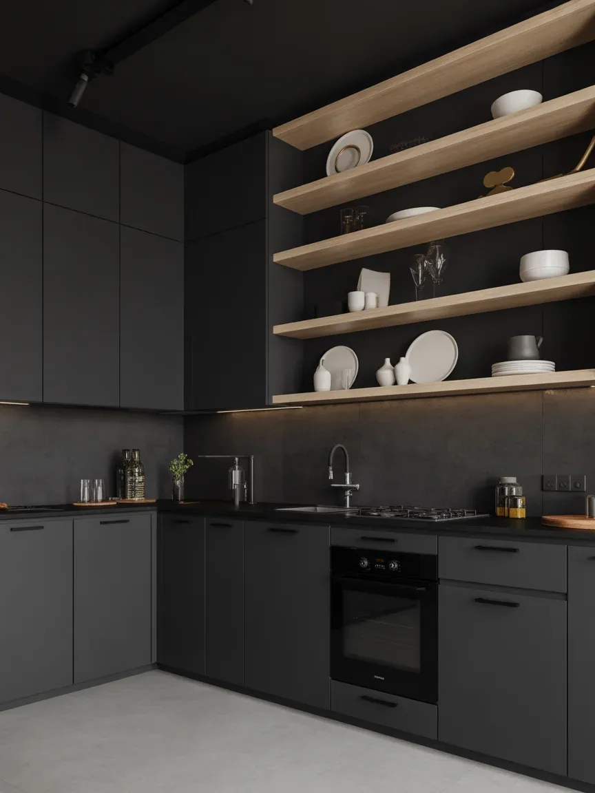 3. Modern Black Kitchen With Statement Floating Shelves 3. Modern Black Kitchen With Statement Floating Shelves