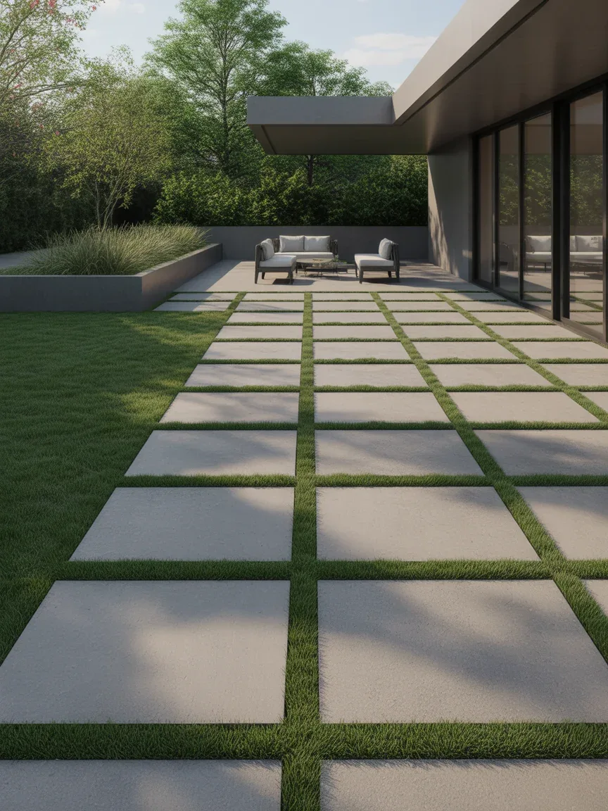 4. Modern Concrete Paver Patio With Grass Lines 4. Modern Concrete Paver Patio With Grass Lines