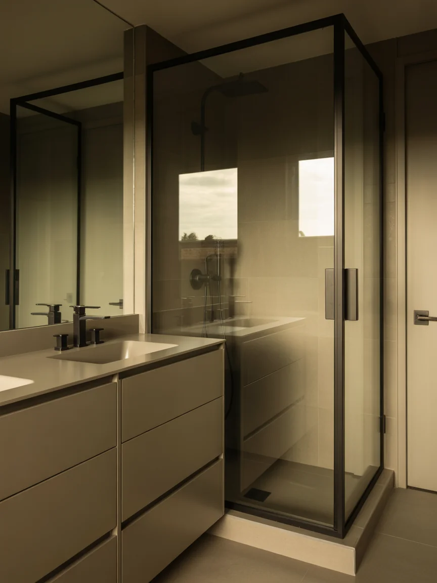 5. Modern Greige Bathroom With Matte Black Accents