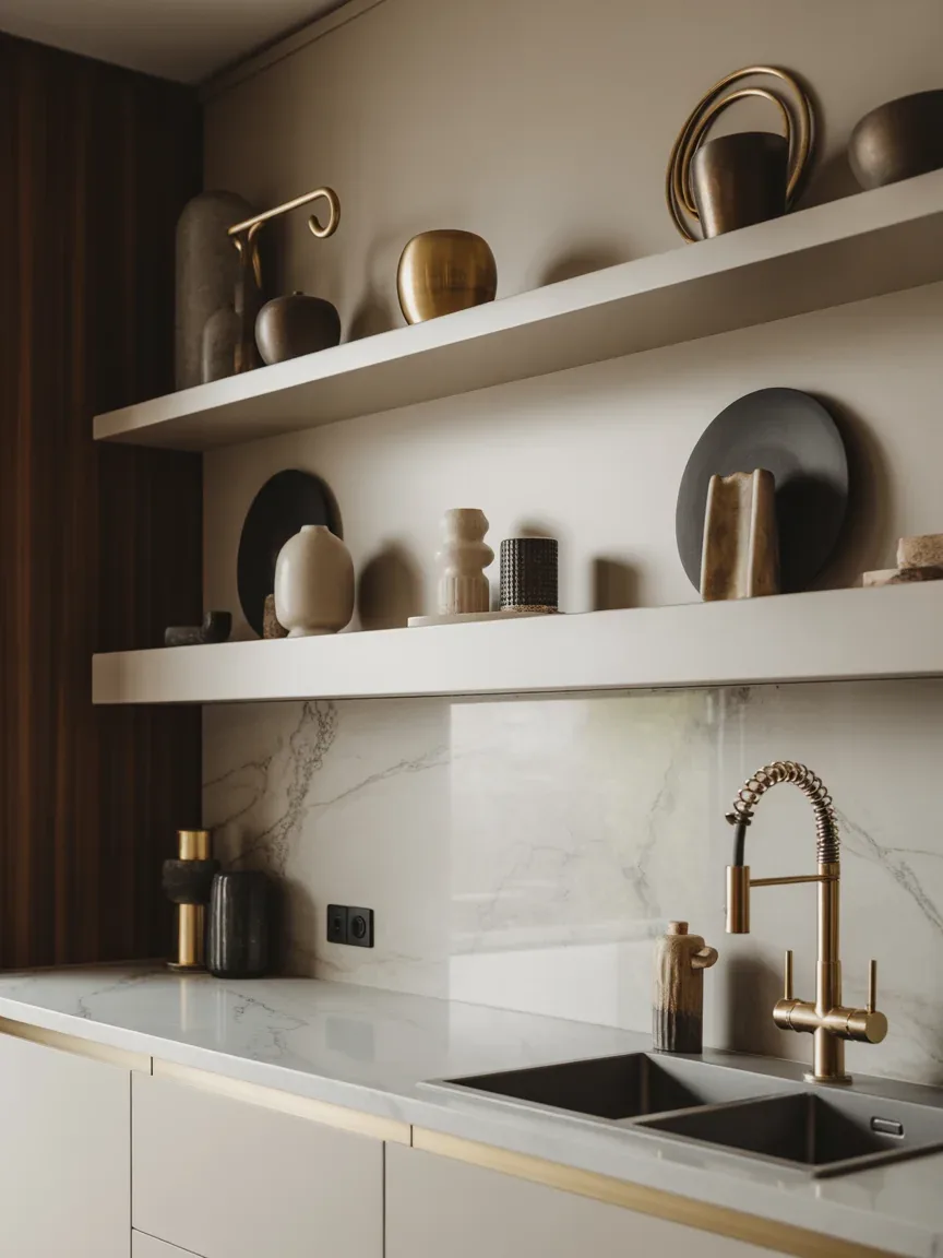 7. Modern Luxe With Marble Backdrop Shelves 7. Modern Luxe With Marble Backdrop Shelves