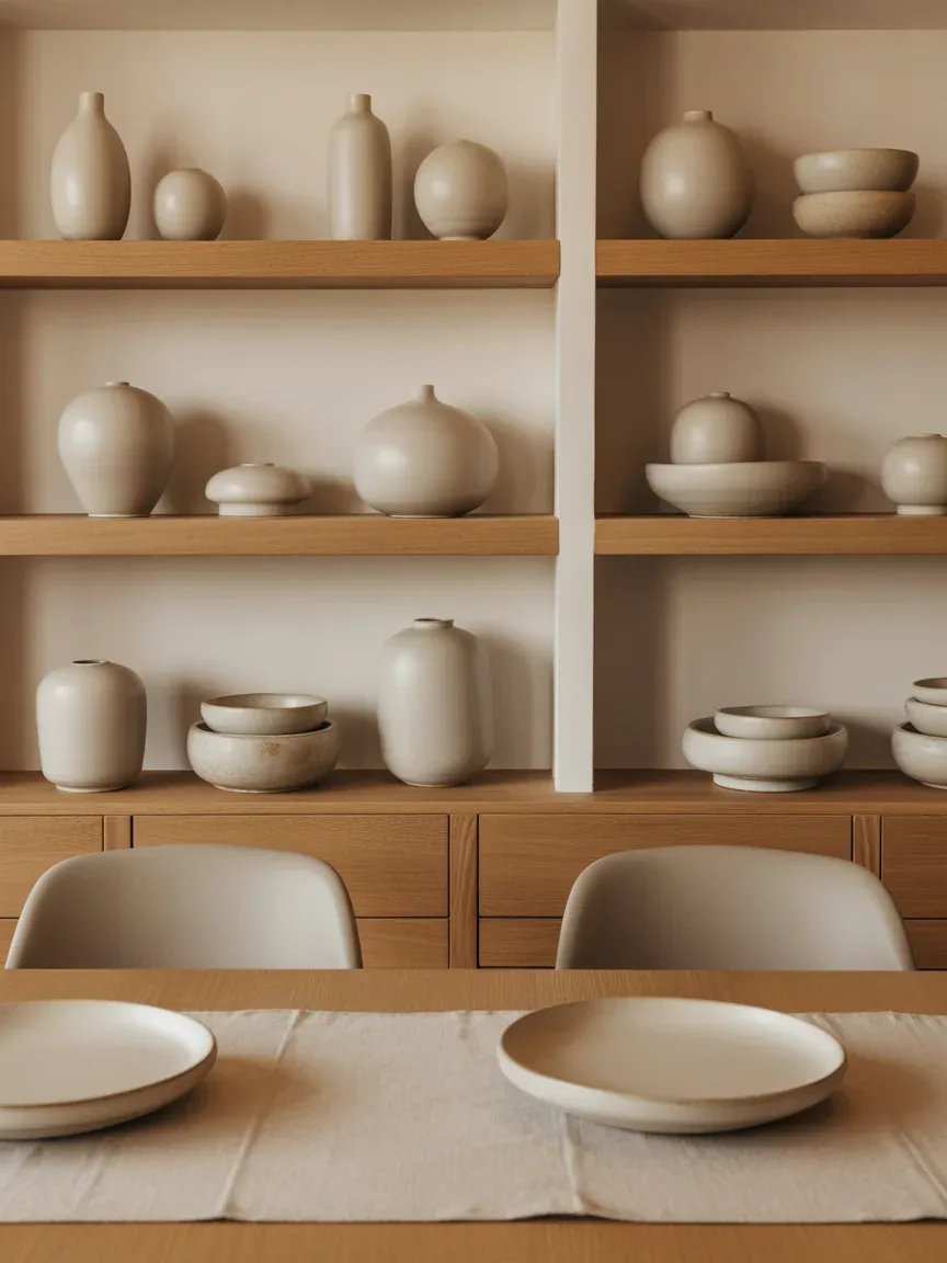 1. Modern Neutral Shelves With Layered Ceramics 1. Modern Neutral Shelves With Layered Ceramics