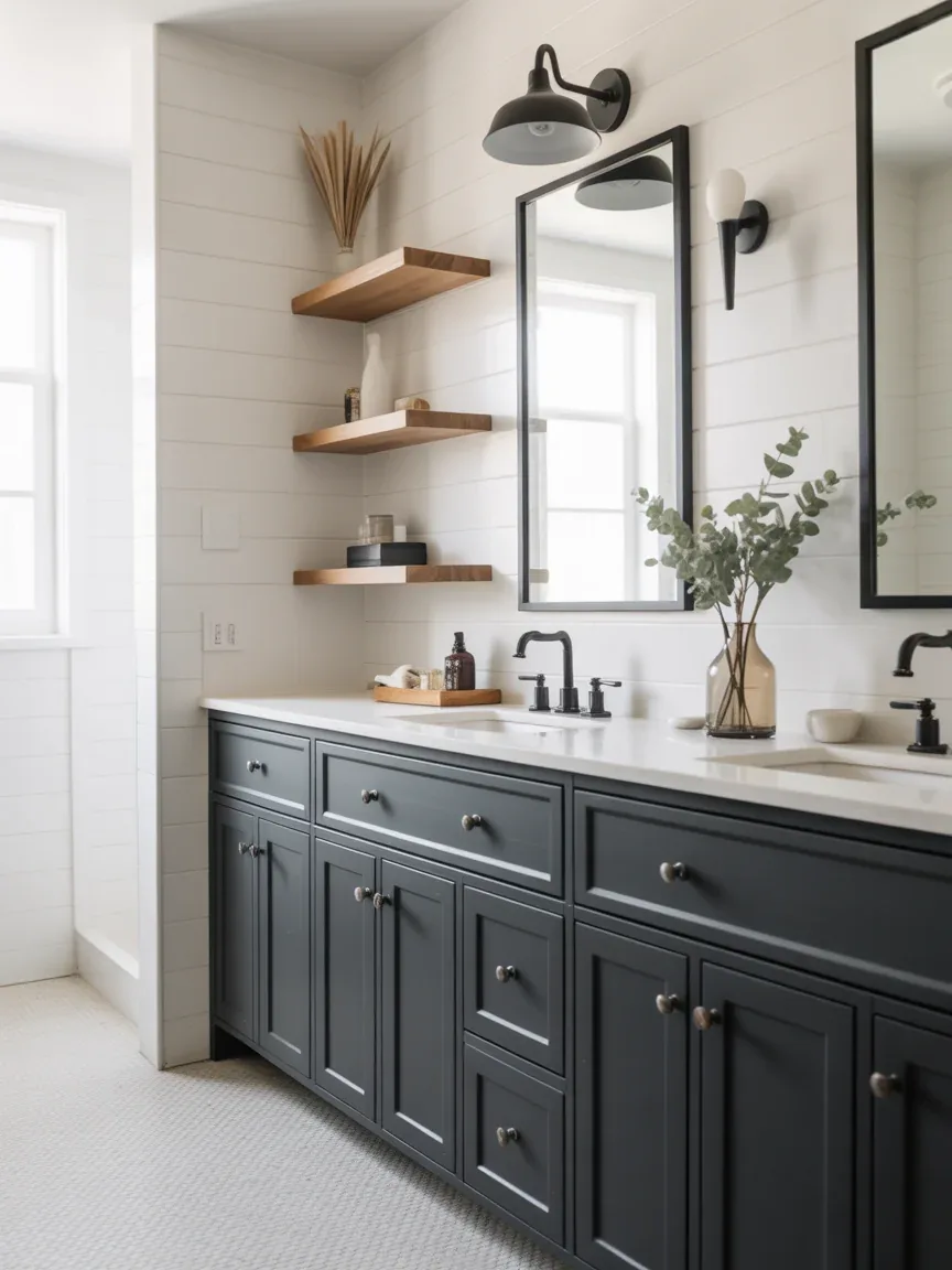 19. Monochrome Farmhouse With Matte Black Vanity 19. Monochrome Farmhouse With Matte Black Vanity