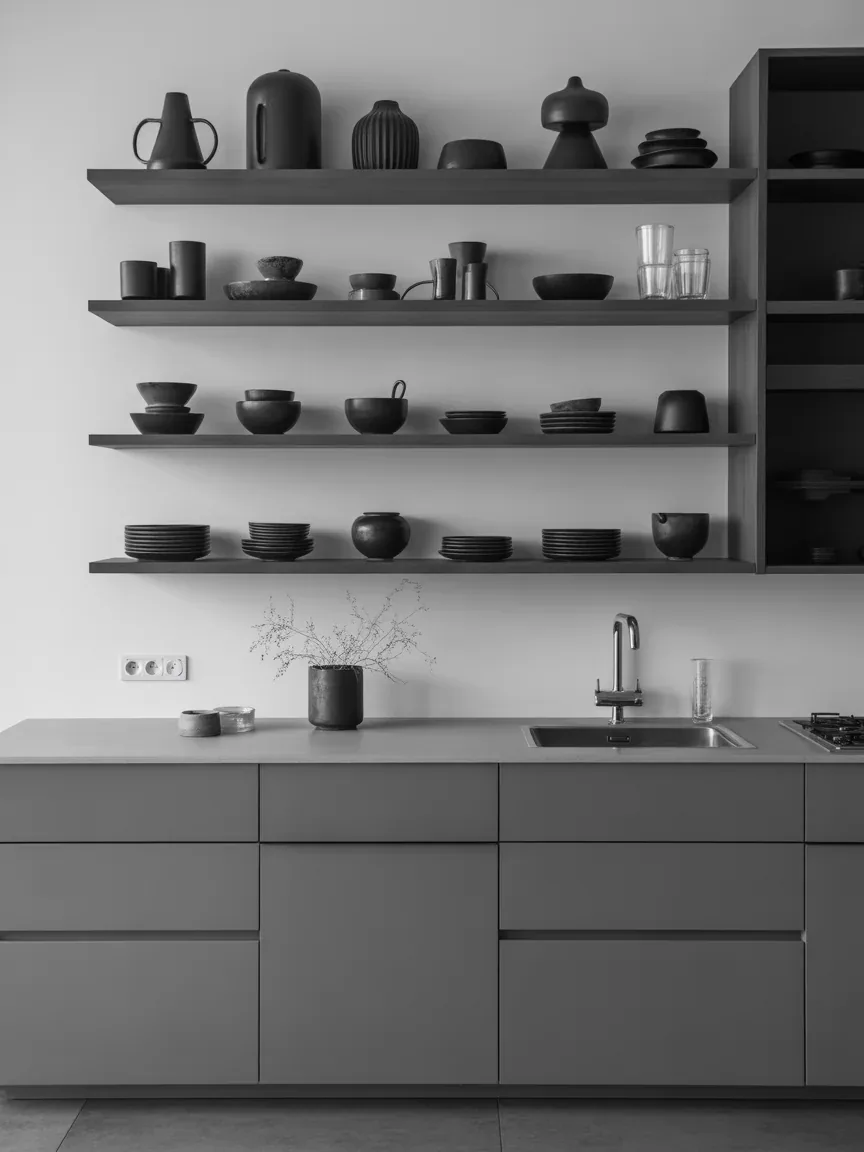 12. Monochrome Kitchen With Floating Shelf Symmetry 12. Monochrome Kitchen With Floating Shelf Symmetry