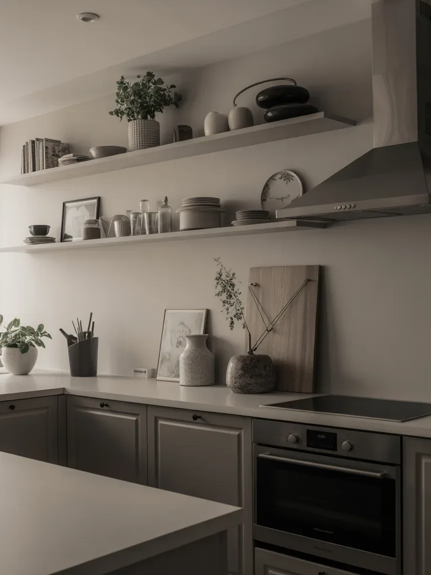 20. Monochrome Kitchen With Matching Shelves 20. Monochrome Kitchen With Matching Shelves