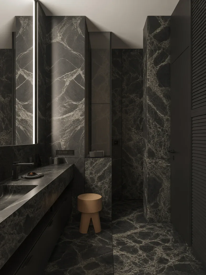 5. Monochrome Luxe Bathroom With Veined Black Marble 5. Monochrome Luxe Bathroom With Veined Black Marble