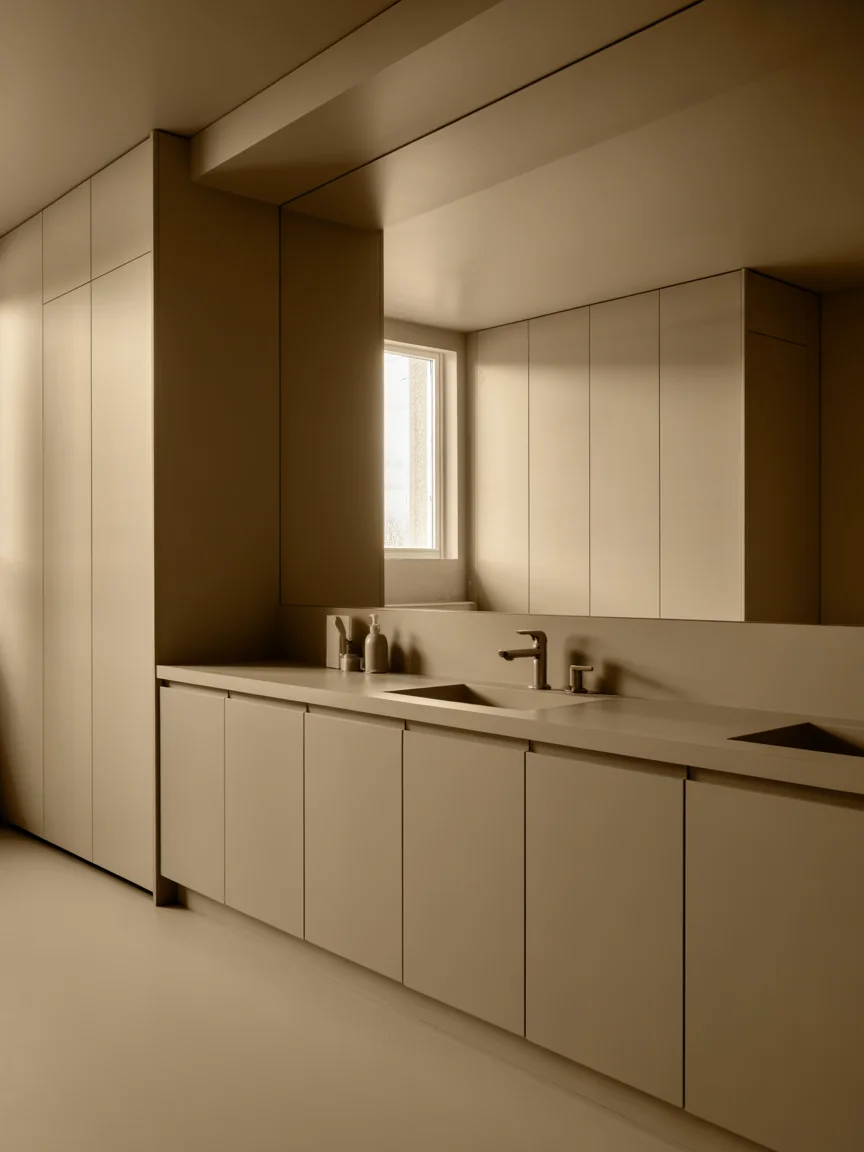 22. Monochrome Neutral Bathroom With Clean Lines